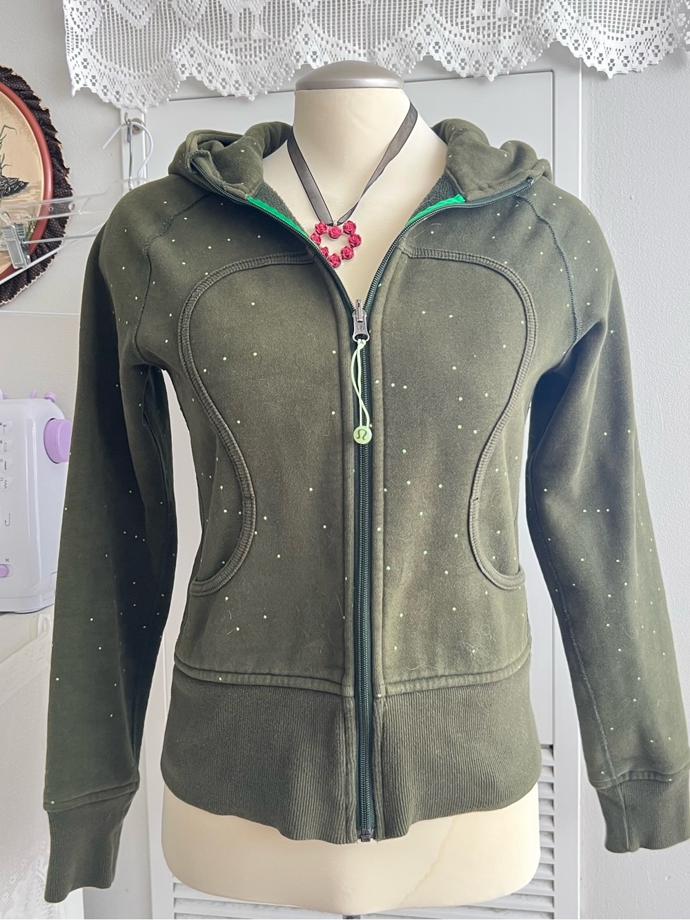 lululemon athletica Olive Green polka dot Zip-Up scuba Hoodie Jacket